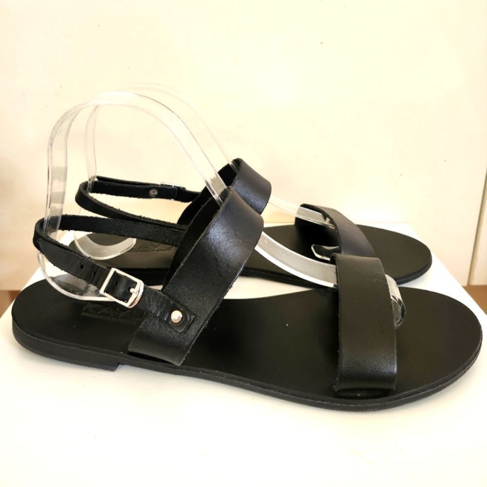 NWT Kayu "Rhodes" Black Leather Strappy Flat Handmade Sandals Sz.9/40 Ret.$125